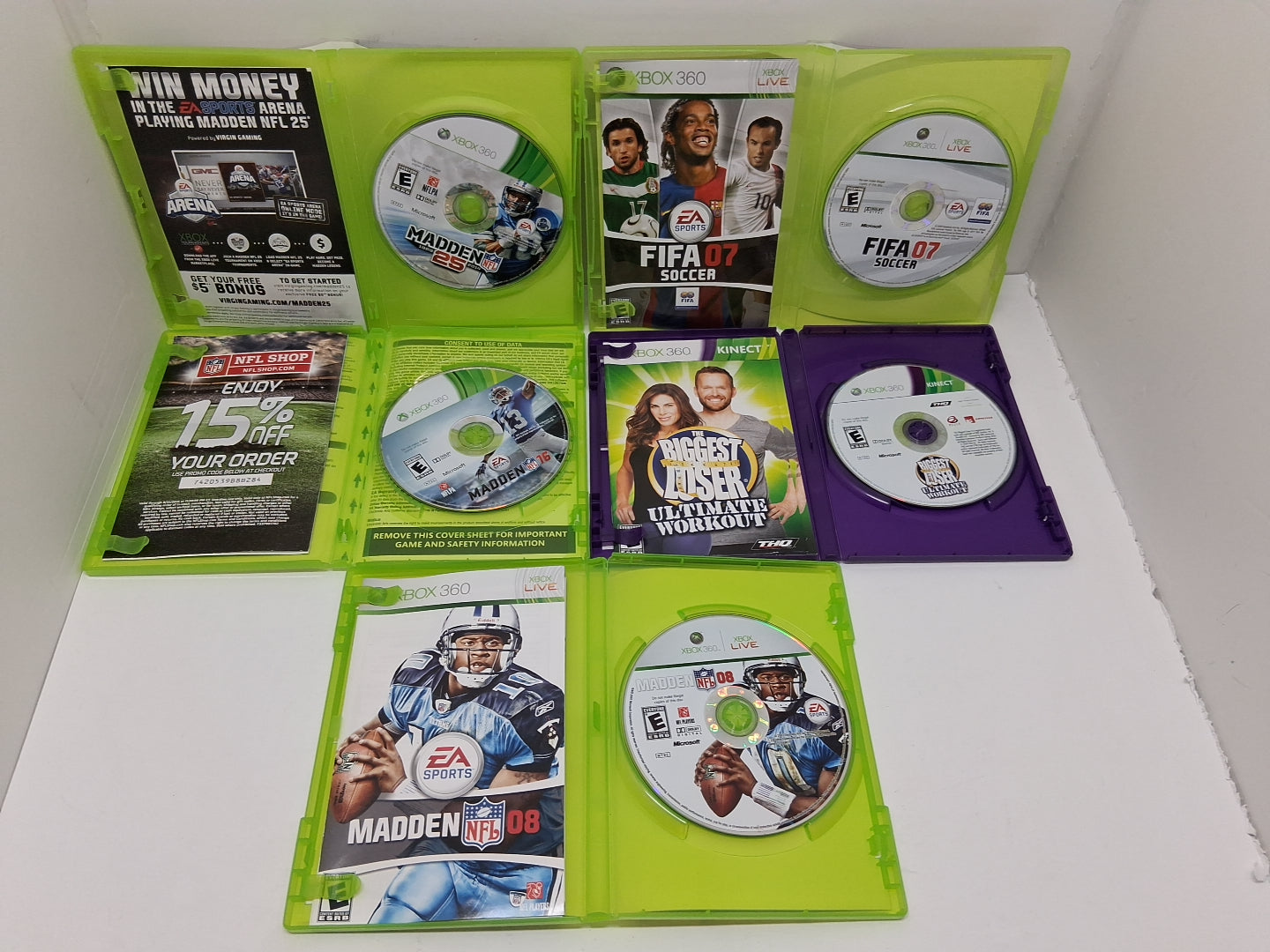 Xbox 360 Lot Of 5 Games, NFL MADDEN 08, 16, 25, Fifa 07 Soccer, The Biggest...